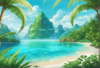 illustration of a beautiful tropical beach in the mountains illustration of tropical landscape illustration of a beautiful tropical beach in the mountains
