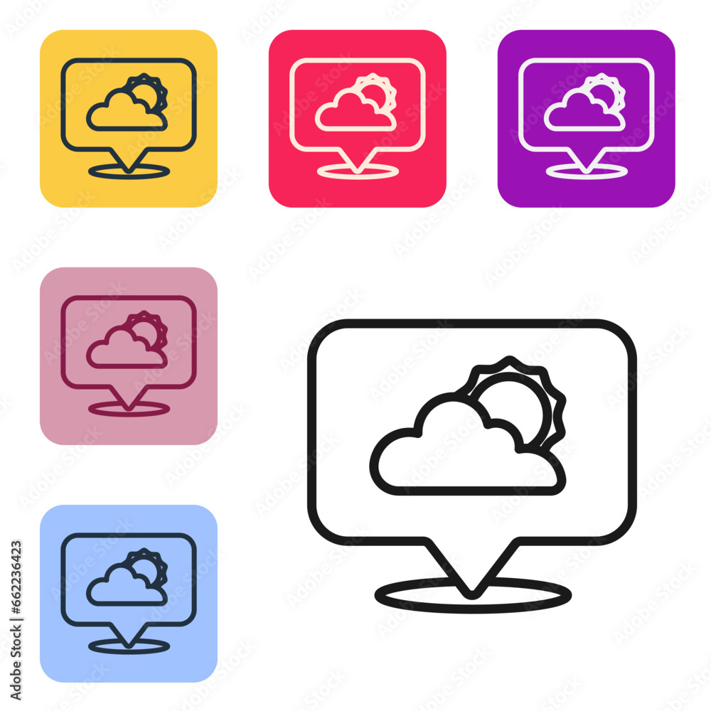 Poster black line location cloud icon isolated on white background. set icons in color square buttons. vect