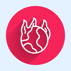 White line Global warming fire icon isolated with long shadow. Red circle button. Vector