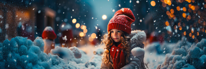 a girl snow christmas scene, copy space, presents, christmas spirit, santa clauss, familiy, tree, - obrazy, fototapety, plakaty