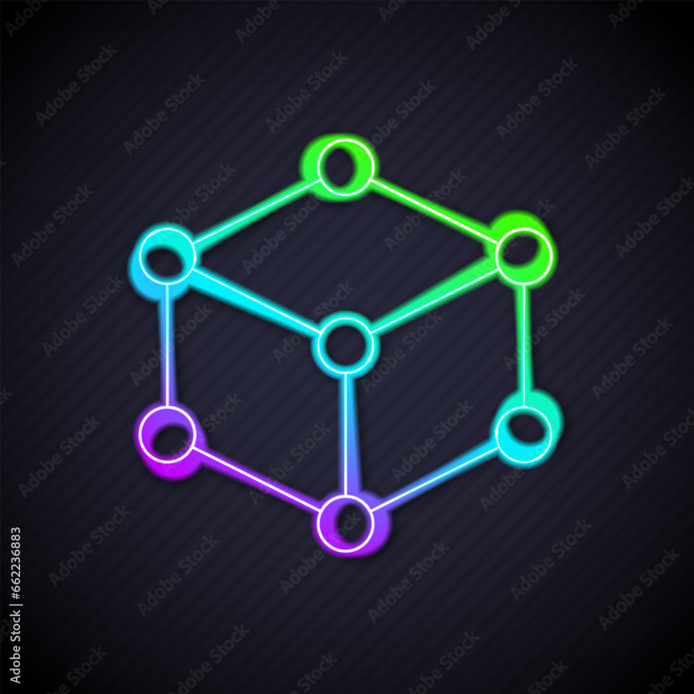 Poster glowing neon line isometric cube icon isolated on black background. geometric cubes solid icon. 3d s