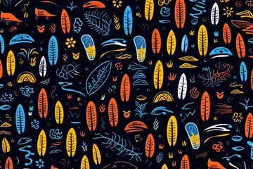 Surfing schools quirky doodle pattern, wallpaper, background, cartoon, vector, whimsical Illustration