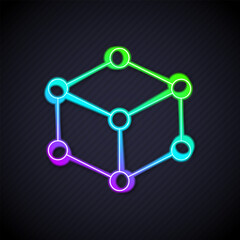 Glowing neon line Isometric cube icon isolated on black background. Geometric cubes solid icon. 3D square sign. Box symbol. Vector