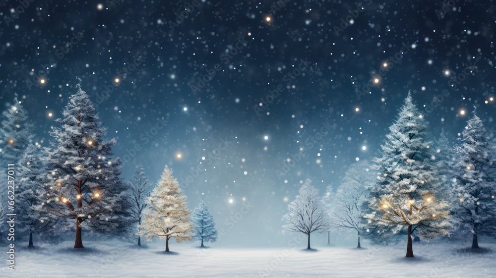 Poster blue christmas background with fir trees, snow, bokeh lights and snowflakes created with generative 