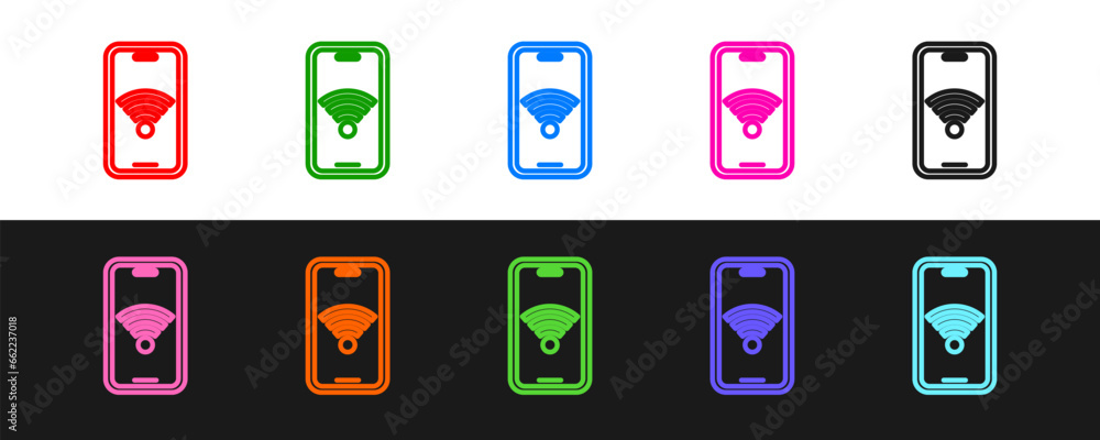 Poster set line smartphone with free wi-fi wireless connection icon isolated on black and white background.