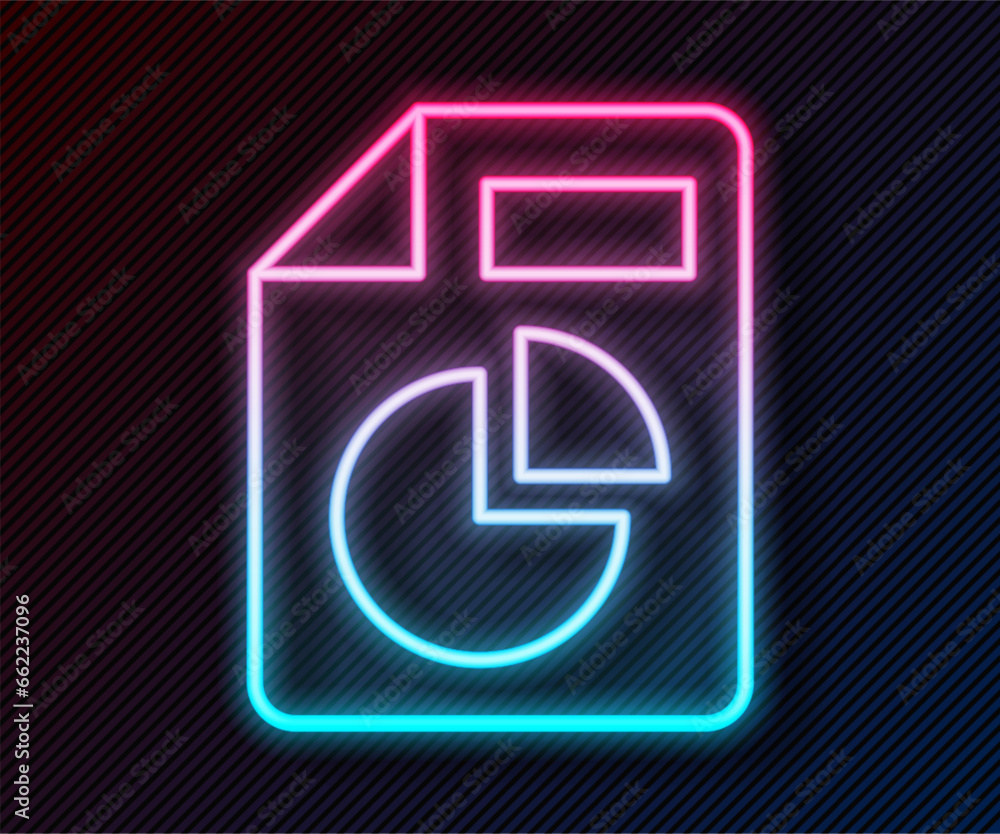 Poster glowing neon line document with graph chart icon isolated on black background. report text file icon