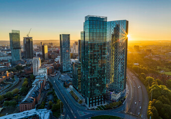 Panoramic view of Manchester skyline on a beautiful sunrise