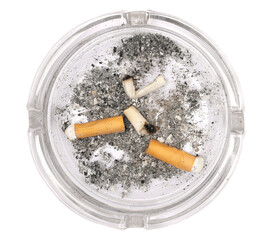 Glass ashtray with butt and cigarette ash isolated on white, top view, clipping