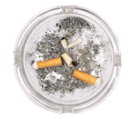 Glass ashtray with butt and cigarette ash isolated on white, top view, clipping