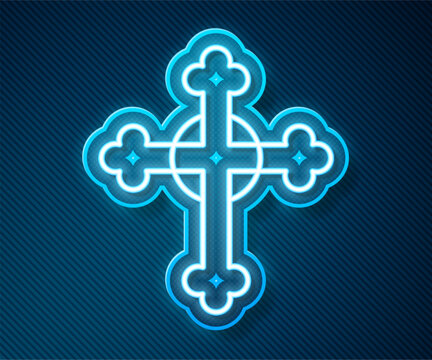 Glowing neon line Christian cross icon isolated on blue background. Church cross. Vector