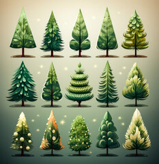 Obraz premium a set of flat christmas trees arranged, presents, christmas spirit, santa claus, familiy, tree,