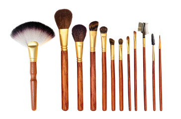 Professional makeup brush set on white background, top view flat lay