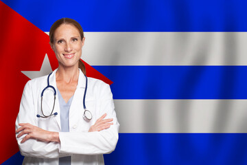 Cuban general practitioner doctor gp on the flag of Cuba