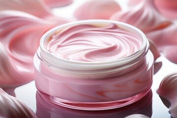 Moisturizing face cream. Pink floral beauty product background