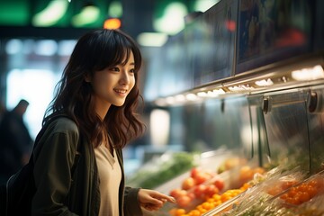 A young Asian girl in a grocery store chooses groceries