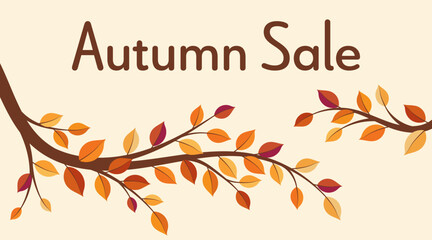 Autumn Sale - Schriftzug in englischer Sprache - Herbstschlussverkauf. Verkaufsbanner mit bunten Herbstzweigen.
