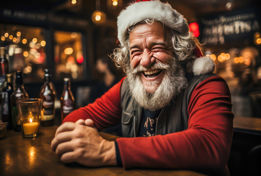 santa claus is at the bar, laughing, christmas, presents, christmas spirit, santa claus, familiy, tree,