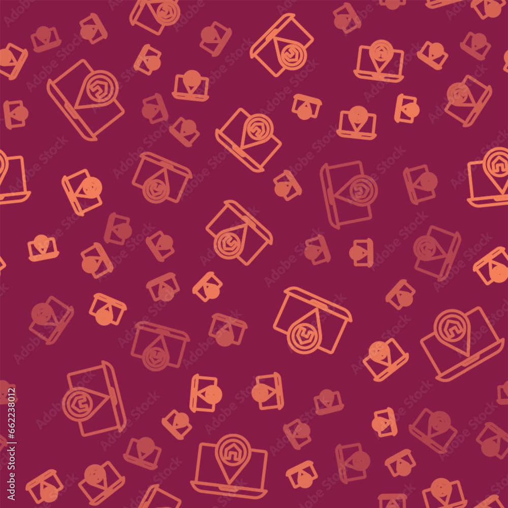 Poster brown line infographic of city map navigation icon isolated seamless pattern on red background. lapt