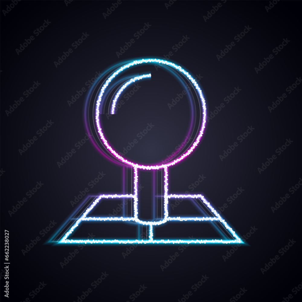 Poster glowing neon line folded map with location marker icon isolated on black background. vector