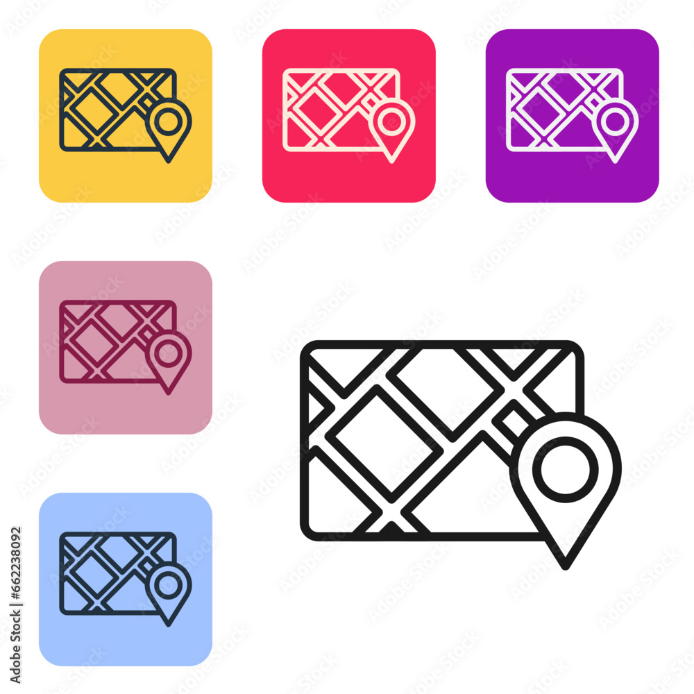 Poster black line gps device with map icon isolated on white background. set icons in color square buttons.