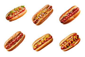fresh hot dog sandwich collection isolated on a transparent background