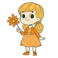 cartoon little cute girl holding a flower illustration