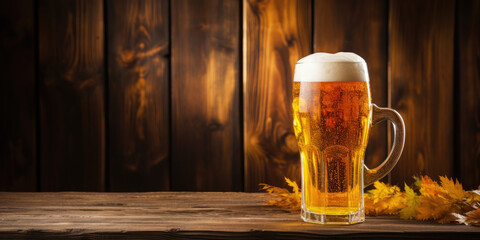 Cold golden beer in the glass stands on pub background