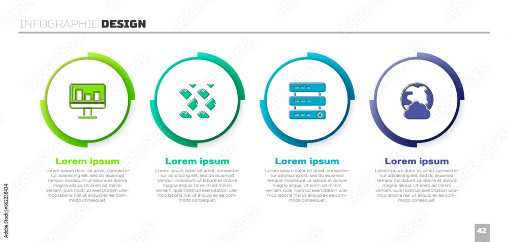Poster set monitor with graph chart, data stream, server, data, web hosting and social network. business in