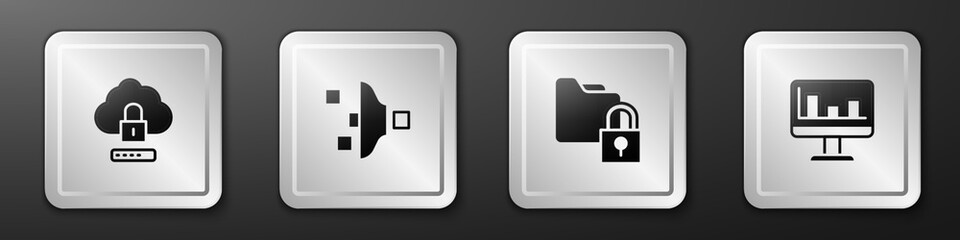 Set Cloud computing lock, Filter setting, Folder and and Monitor with graph chart icon. Silver square button. Vector