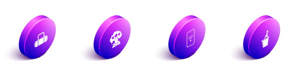 Set Isometric Suitcase, Five stars rating review, Mobile with wi-fi wireless and Champagne an ice bucket icon. Vector