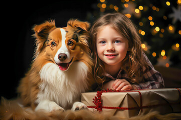 illustration of a girl with her dog with christmas gifts, christmas tree background, christmas concept animals