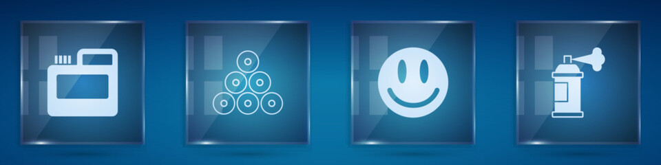 Set Paint, gouache, jar, dye, spray can, Smile face and . Square glass panels. Vector