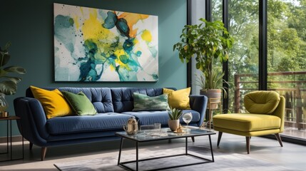 Living room interior. The sofa is combined with lime pillows and a rug, a large picture on the wall.