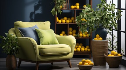 Living room interior. The armchair  is combined with lime pillows and rug, wood with lemons.