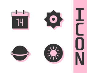 Set Sun, Calendar, Planet Saturn and Falling star icon. Vector