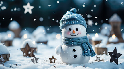 Fototapeta premium a couple of snowmen have hats and scarves, they are happy in the snow, blurred background, winter, christmas