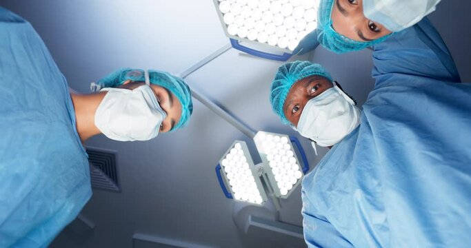 Surgery, pov and team of doctors in medical theatre for emergency, help and teamwork. Healthcare, collaboration and group of surgeon specialist together for operation advice, results or icu treatment