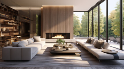 Interior of a modern apartment with a fireplace and panoramic windows. Living room with a view of the big city.