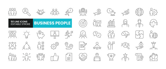 Set of 50 Business People line icons set. Business People outline icons with editable stroke collection. Includes Team, Career, Leadership, Businessman, Collaboration and More.