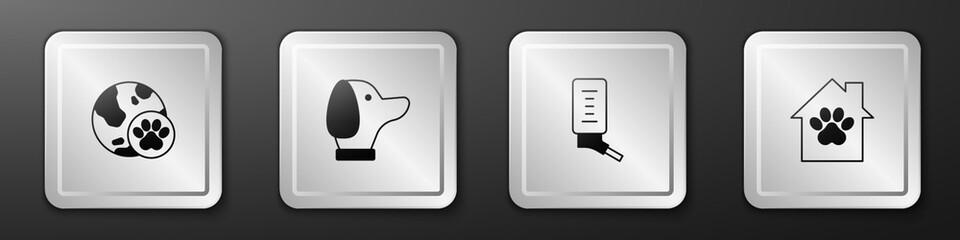 Set World pet, Dog, Drinker for small pets and Pet house icon. Silver square button. Vector