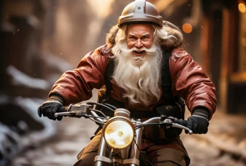 Fotobehang santa claus in red leather jacket riding a motorcycle in winter street © VicenSanh