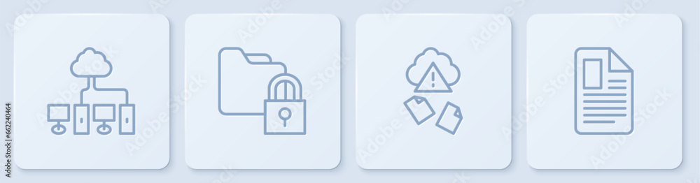Poster set line computer network, cloud hacking, folder and lock and file document. white square button. ve
