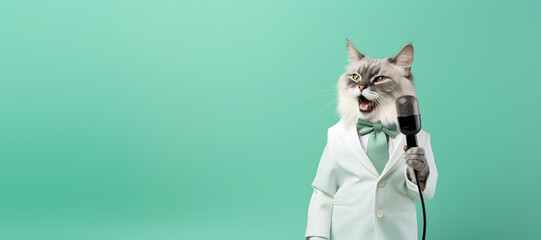 Stylish cat singing with microphone isolated on green background