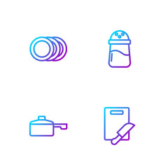 Obraz premium Set line Cutting board and knife, Frying pan, Plate and Salt. Gradient color icons. Vector