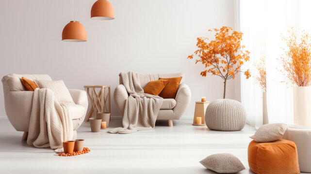 Cozy chair with pillows and blanket in a modern home. autumn decor from dry leaves.