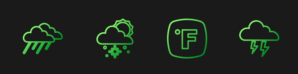 Set line Fahrenheit, Cloud with rain, snow and sun and Storm. Gradient color icons. Vector - obrazy, fototapety, plakaty