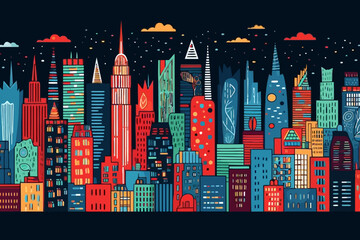 New York City skyline quirky doodle pattern, wallpaper, background, cartoon, vector, whimsical Illustration - obrazy, fototapety, plakaty
