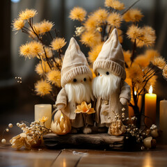 Fototapeta premium white christmas gnomes decoration on a log and dried flowers in the background,