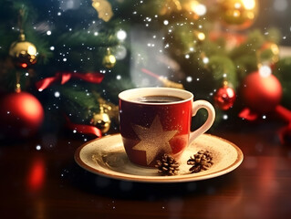Obraz premium Decorated ceramic coffee cup with background of christmas tree