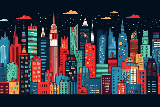 New York City skyline quirky doodle pattern, wallpaper, background, cartoon, vector, whimsical Illustration